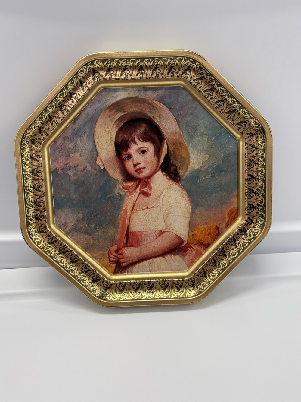 Gold Tone Metal Octagon Picture Frame 8 in Hanging, "Miss Willoughby" Print